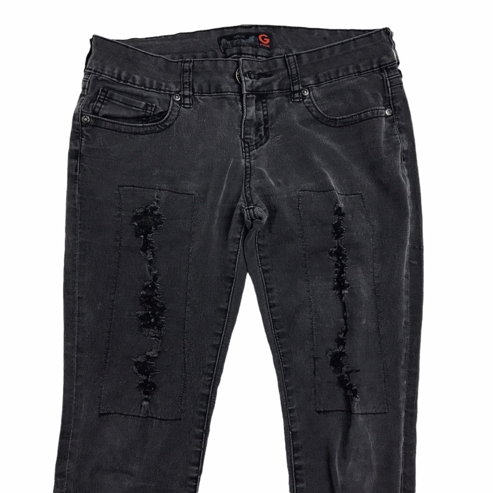 GUESS Modele Black Sequin Rhinestone Distressed Gray Dark Wash‎ Skinny Jeans 29